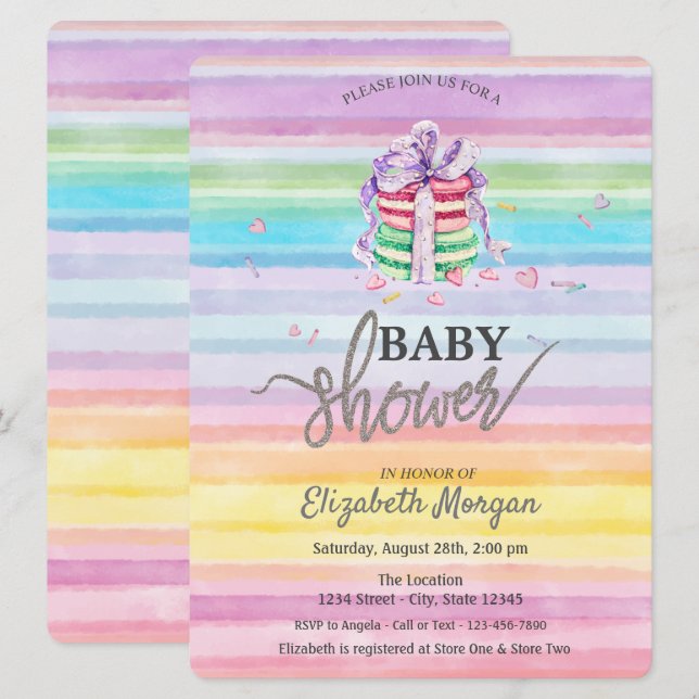 Aquarell Macarons farbige Streifen Babydusche Einladung (Vorne/Hinten)