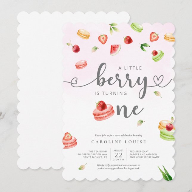 Aquarell Macarons Little Berry Baby Shower Invit Einladung (Vorne/Hinten)
