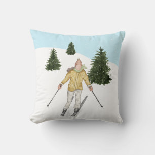 Aquarell-Mädchen beim Skifahren an den Winterhänge Kissen