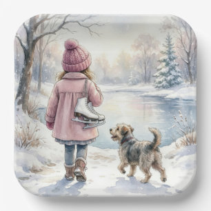 Aquarell-Mädchen mit Schlittschuhen und Hund Pappteller