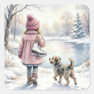 Aquarell-Mädchen mit Schlittschuhen und Hund Quadratischer Aufkleber