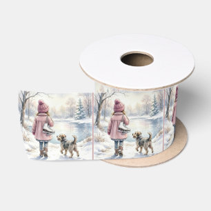 Aquarell-Mädchen mit Schlittschuhen und Hund Satinband