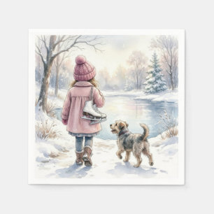 Aquarell-Mädchen mit Schlittschuhen und Hund Serviette