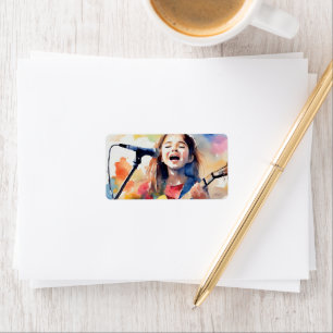 Aquarell-Mädchen singt und spielt Gitarre, Farbe Adressaufkleber