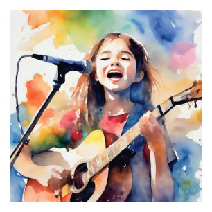 Aquarell-Mädchen singt und spielt Gitarre, Farbe Fotodruck