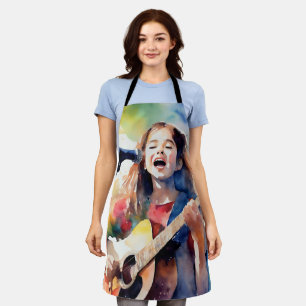 Aquarell-Mädchen singt und spielt Gitarre, Farbe Schürze
