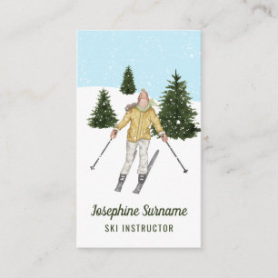 Aquarell Mädchen Skifahren auf Pisten Skilehrer Visitenkarte