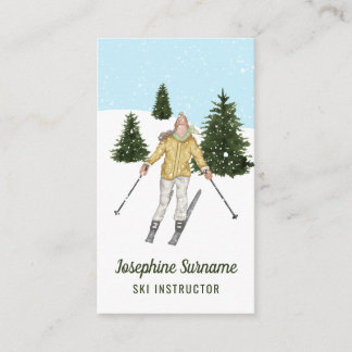 Aquarell Mädchen Skifahren auf Pisten Skilehrer Visitenkarte