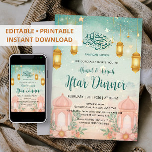 Aquarell-Magische Teal- und Pfirsich-Iftar-Einladu Einladung