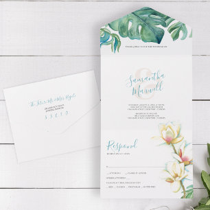 Aquarell-Magnolie-Hochzeit Alles-in-Einem-Einladun All In One Einladung
