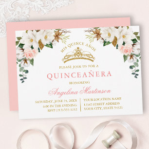Aquarell-Magnolien Rosa Rosen Gold Quinceanera Einladung