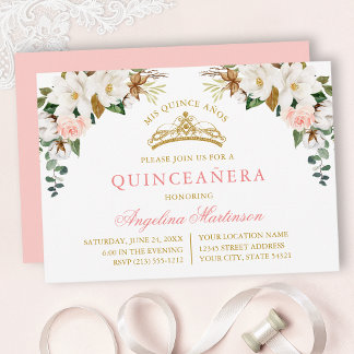 Aquarell-Magnolien Rosa Rosen Gold Quinceanera Einladung