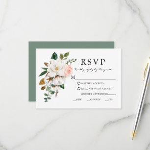 Aquarell-Magnolien-Rosen Hochzeitsmahlzeit Salbei  RSVP Karte