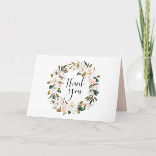 Aquarell-Magnolien und Baumwollkranz-Hochzeit Dankeskarte