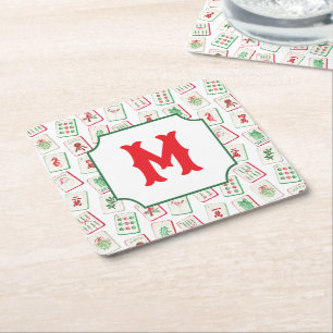 Aquarell Mahjong Rot & Grün Weihnachten Monogramm Rechteckiger Pappuntersetzer