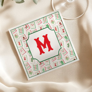 Aquarell Mahjong Rot & Grün Weihnachten Monogramm Serviette