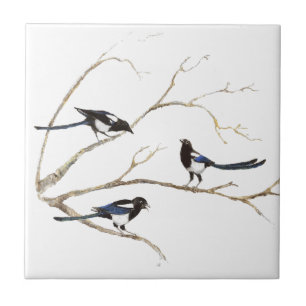 Aquarell-Malerei der Elster-Vogel-Familie Fliese