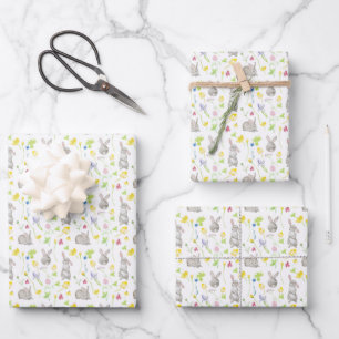 Aquarell-Malerei-Osterhasen-Hasen-Blumen Geschenkpapier Set