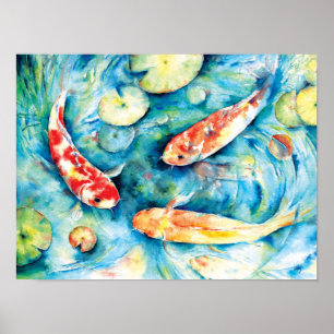 Aquarell-Malerei von Koi im Lilien-Teich Poster