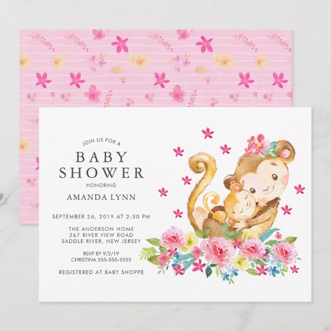 Aquarell Mama Baby Monkey Baby Girl Dusche Einladung (Vorne/Hinten)