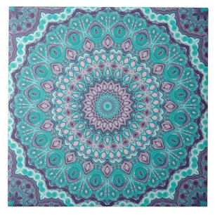 Aquarell-Mandala in Türkis und Lila Fliese