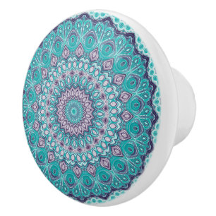 Aquarell-Mandala in Türkis und Lila Keramikknauf