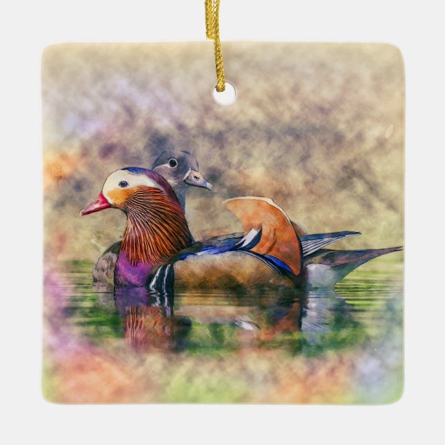 Aquarell-Mandarinen-Enten Feng Shui Symbol Keramikornament (Vorderseite)