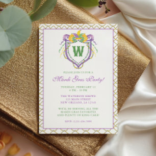Aquarell Mardi Gras Monogramm-Wappen Party Einladung