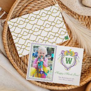 Aquarell-Mardi-Gras-Monogrammwappen-Foto Feiertagskarte