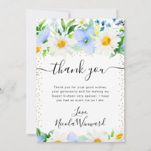 Aquarell-Margeriten und Blaue Blumen Sweet 16 Dankeskarte