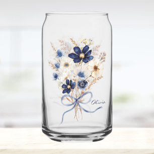 Aquarell Marineblauer Blumenstrauß Personalisiert Dosenglas