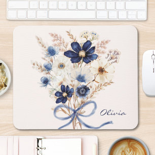 Aquarell Marineblauer Blumenstrauß Personalisiert Mousepad