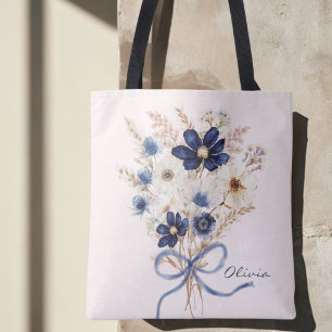 Aquarell Marineblauer Blumenstrauß Personalisiert Tasche