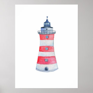 Aquarell-Maritimes-Ozean-Leuchtturm-Kinderzimmer-D Poster