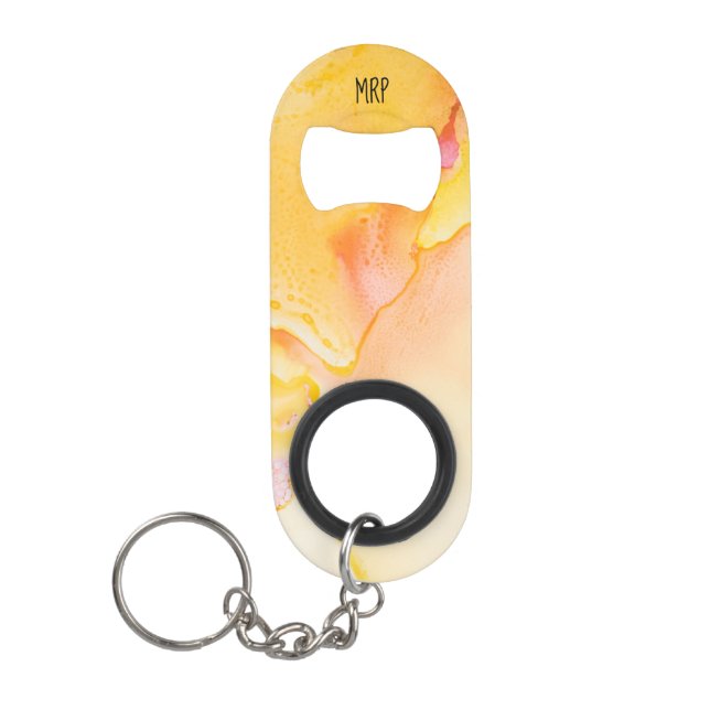 *~* Aquarell-Marmor-orange gelbes Goldfuchsie Mini Flaschenöffner (Vorderseite)