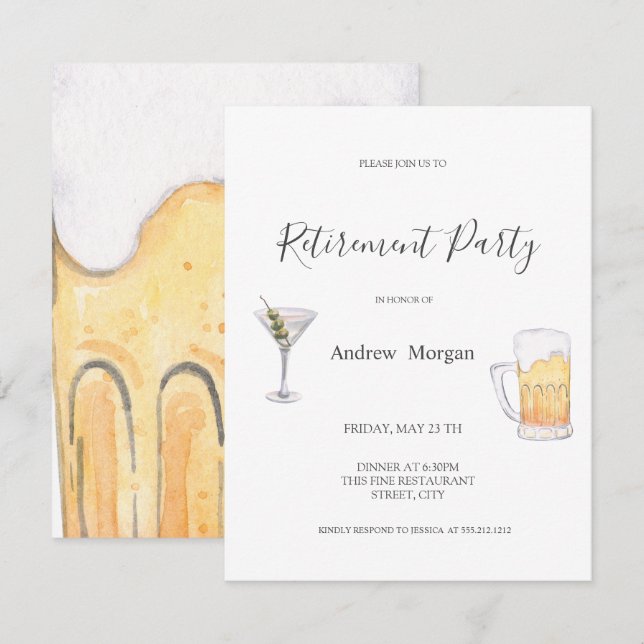 Aquarell Martini, Party für die Beer-Rente Einladung (Vorne/Hinten)
