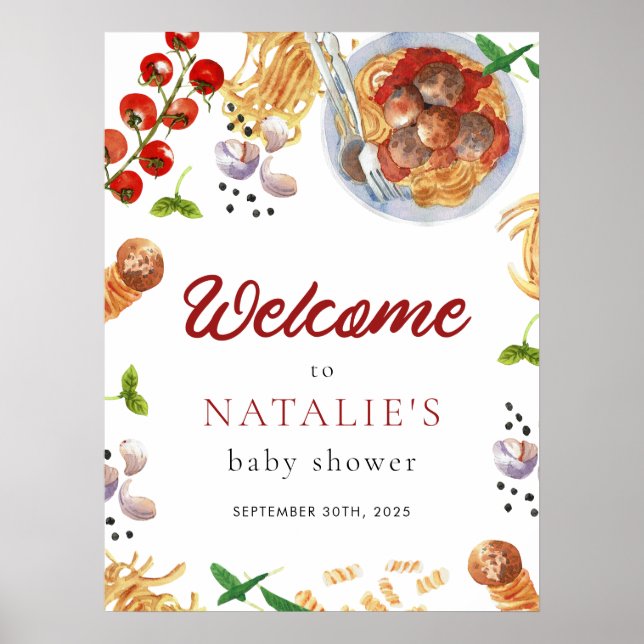 Aquarell Meatball Italienische Babydusche Willkomm Poster (Vorne)