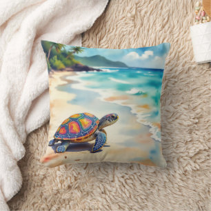 Aquarell-Meereschildkröte an einem Strand Kissen