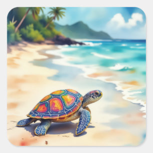 Aquarell Meeresschildkröte an einem Strand Quadratischer Aufkleber