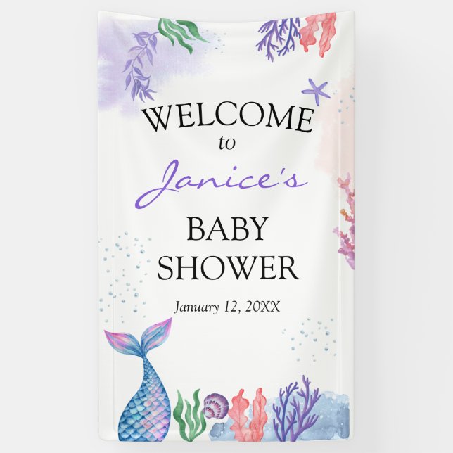 Aquarell Mermaid Baby Dusche Begrüßungszeichen Banner (Vertikal)