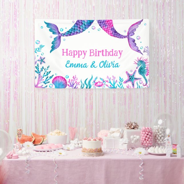 Aquarell Mermaids Joint Sisters Birthday Banner (Party)