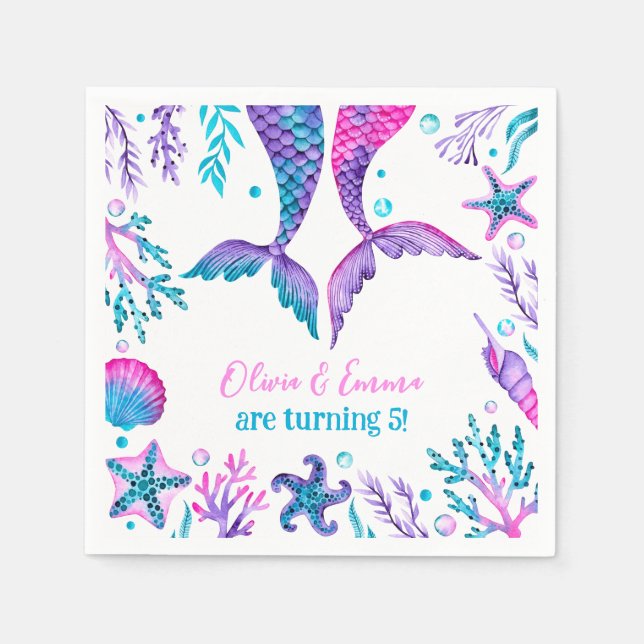 Aquarell Mermaids Joint Sisters Birthday Serviette (Vorderseite)