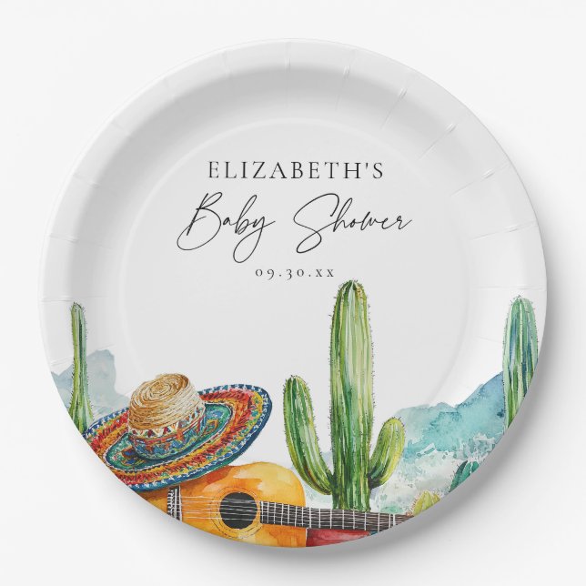 Aquarell Mexican Cactus Fiesta Baby Shower Pappteller (Vorderseite)
