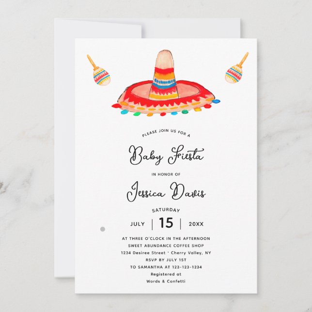 Aquarell Mexican Sombrero Baby Shower Fiesta Einladung (Vorderseite)