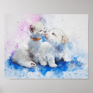Aquarell-Mischungs-Medien Kätzchen u. Welpen-Küsse Poster