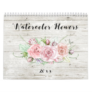 Aquarell mit Blumen auf rustikalem Holz Kalender