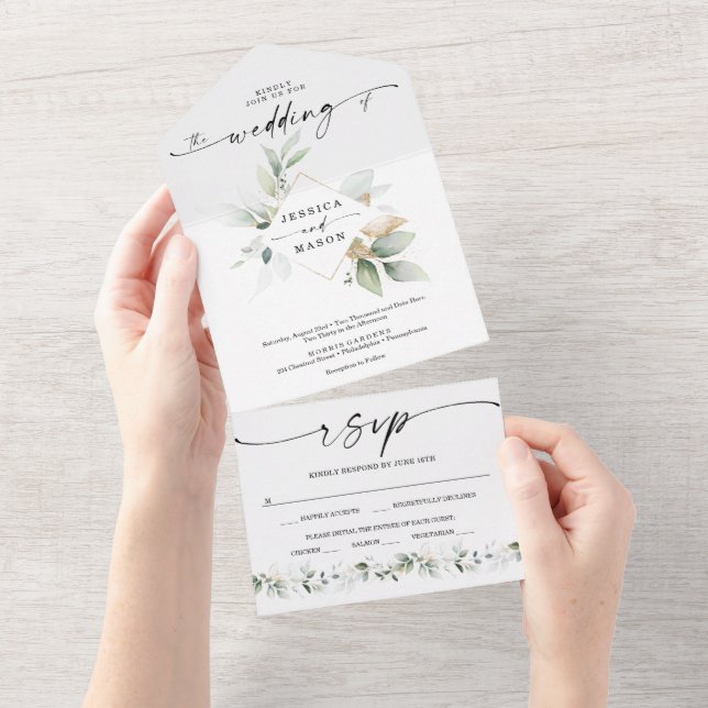 Aquarell mit Gold in einer Hochzeit All In One Einladung (Abreißen)