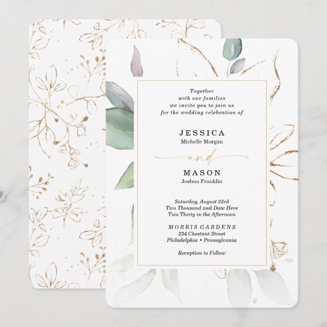 Aquarell mit Sage und Gold Wedding Inv Einladung (Vorne/Hinten)