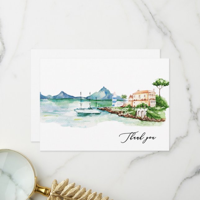 Aquarell Mittelmeer Landschaft Individuelle Name Dankeskarte (Vorderseite/Rückseite Beispiel)
