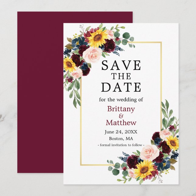 Aquarell Mixed Floral Gold Burgundy Elegante Save The Date (Vorne/Hinten)